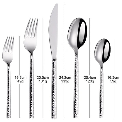 6/12/15Pcs Sliver Heavy Cutlery Stainless Steel 304 Tableware Western Dinner Set Mirror Hammer Pattern Handle Knife Fork Spoon