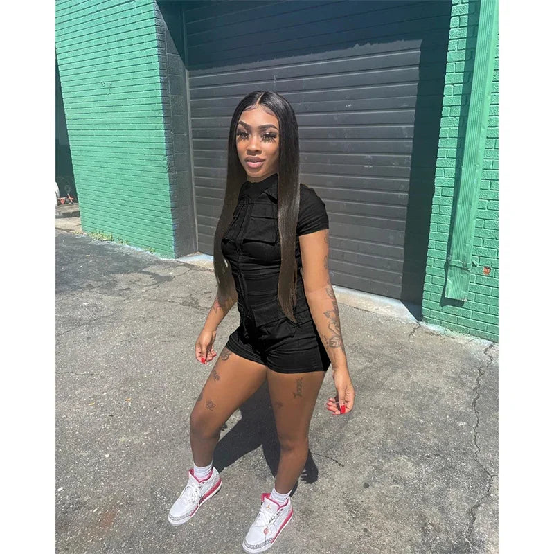 Streetwear Zipper Pockets Shorts Jumpsuit Women Clothing Short Sleeve Skinny Cargo Playsuit Summer Casual One Pieces Romper