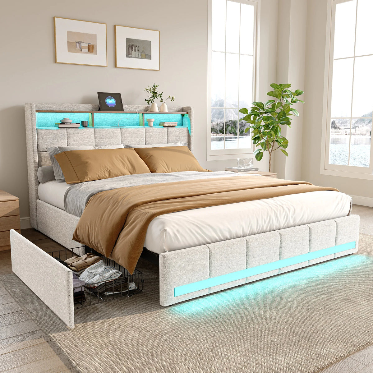 Rosahqnda Upholstered Double Bed 160 x 200 cm, Bed 180 x 200 cm with Storage Box, Storage Bed with 4 Drawers and LED Lighting