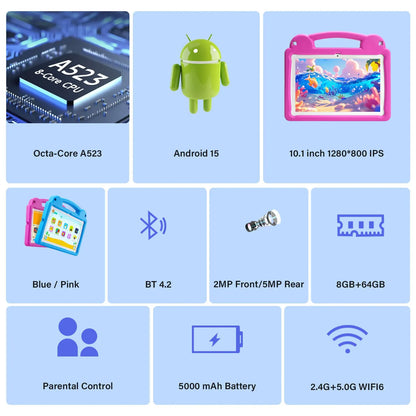 Paitanry 10.1 Inch Kids Tablet 8GB(4+4 Expand) RAM 64GB ROM CPU A523 2.0GHZ 5000Mah Octa-Core Learning Education Children Tablet