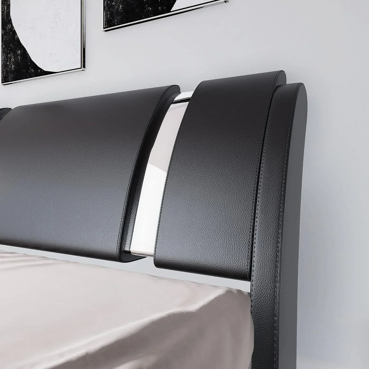 Queen size bed frame with iron sheet decoration, artificial leather cushioned platform bed with adjustable headboard, black