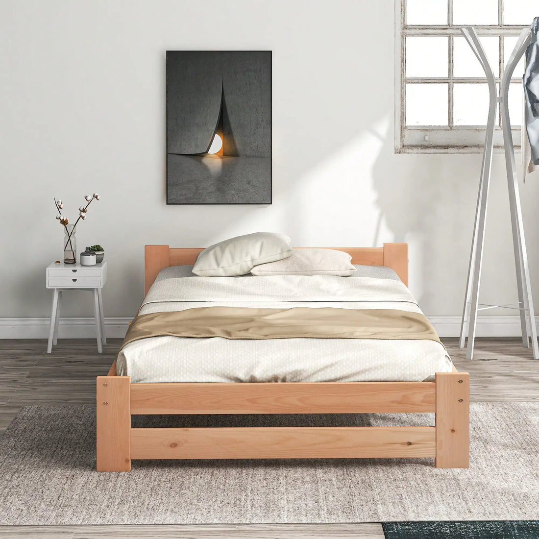 КОМНТОМ Single Bed 90 x 200 cm, Solid Wood Bed with Slatted Frame and Headboard Youth Bed