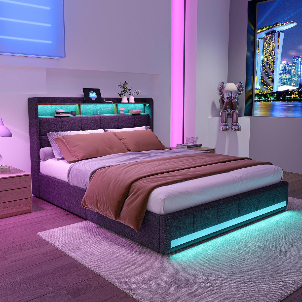 Rosahqnda Upholstered Double Bed 160 x 200 cm, Bed 180 x 200 cm with Storage Box, Storage Bed with 4 Drawers and LED Lighting