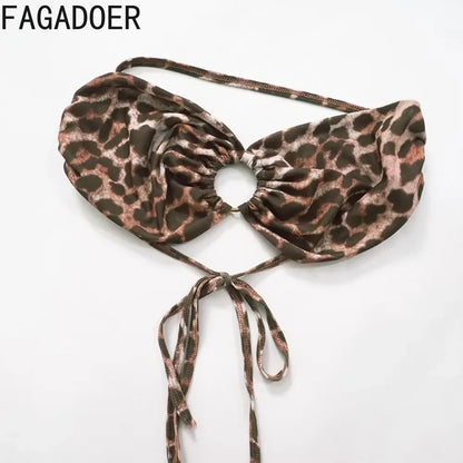 FAGADOER Sexy Mesh See Through Leopard Print Two Piece Sets Women Crop Top + Long Sleeve Coat + Shorts Outfits Female Clubwear