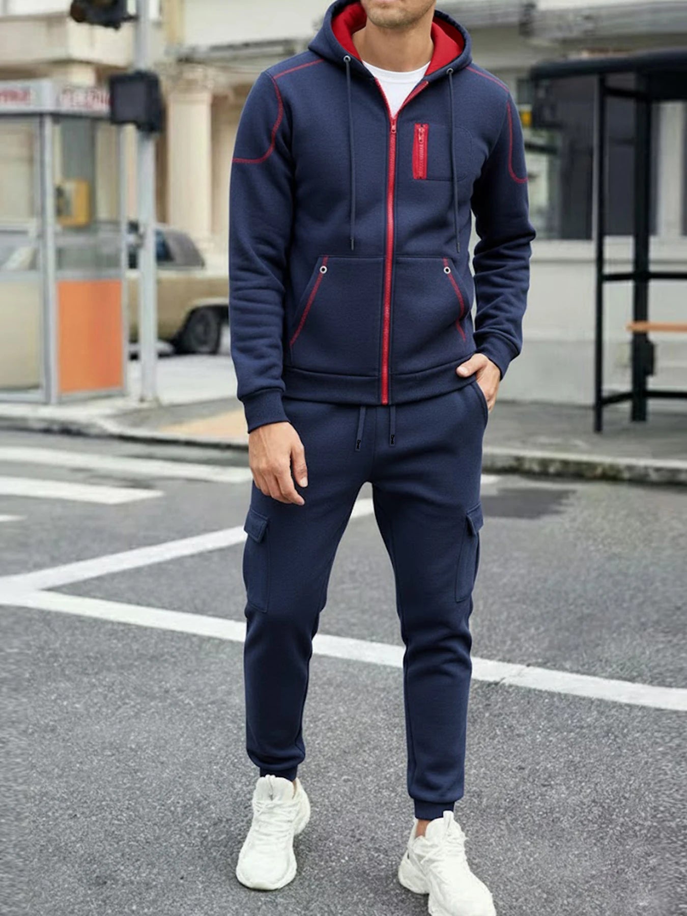 2025 Popular Two-piece Men's Sportswear Autumn Solid Color Jogging Suit Hooded Zipper Jacket + Sport Pants Casual Sports Set