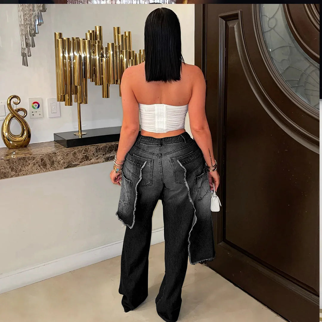 Streetwear Wide Leg Jeans Cargo Pants Sexy Women High Waist Elegant High Street Denim Loose Trousers