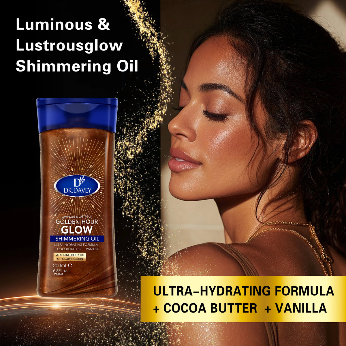 DR.DAVEY Golden Hour Glow Shimmering Body Oil Cocoa Butter Vanilla USA Warehouse Ready Stock 200ml+200ml One Set