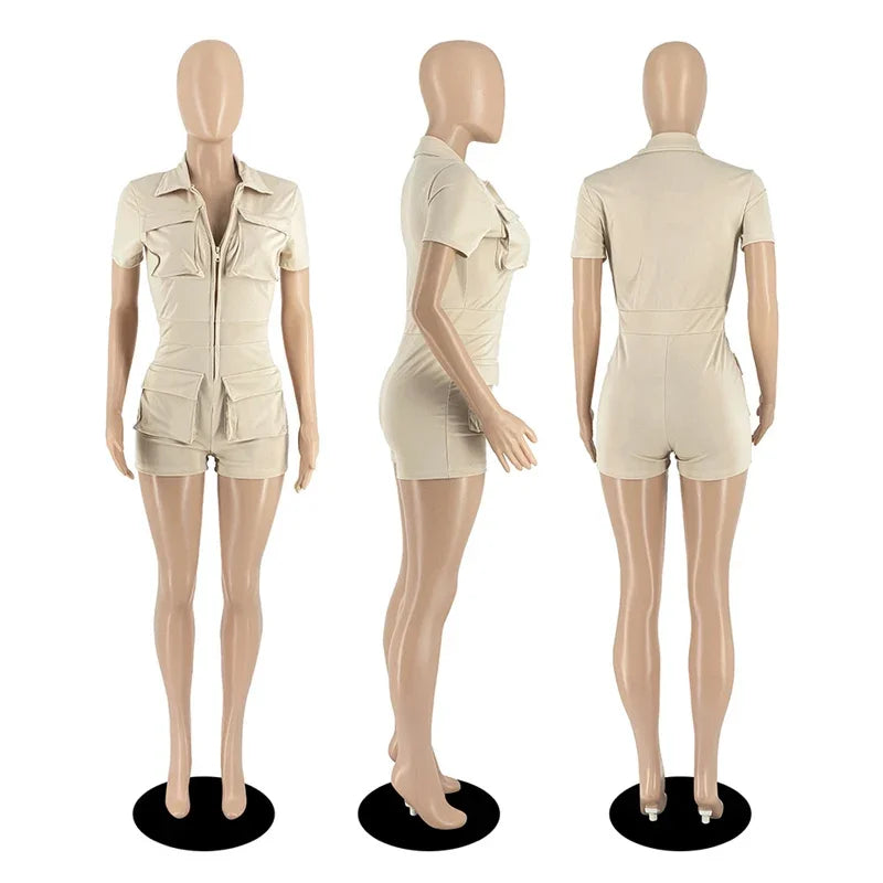 Streetwear Zipper Pockets Shorts Jumpsuit Women Clothing Short Sleeve Skinny Cargo Playsuit Summer Casual One Pieces Romper