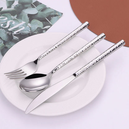 6/12/15Pcs Sliver Heavy Cutlery Stainless Steel 304 Tableware Western Dinner Set Mirror Hammer Pattern Handle Knife Fork Spoon