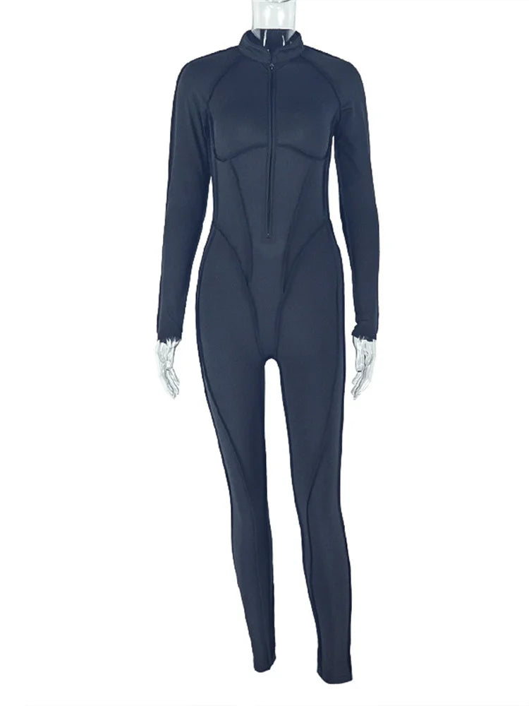 Weird Puss Casual Sporty Jumpsuits Women Zip Low-Neck Backless Full Sleeve Skinny Peach Hip High Street Style Solid Overalls
