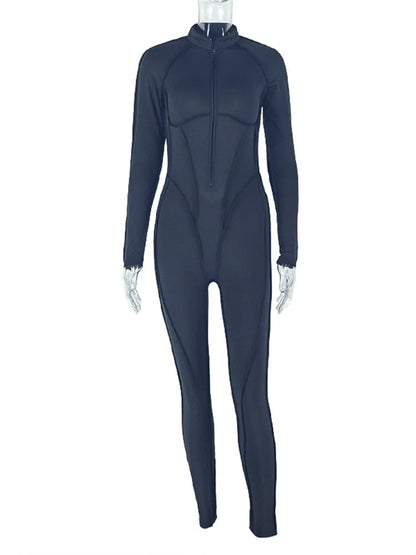 Weird Puss Casual Sporty Jumpsuits Women Zip Low-Neck Backless Full Sleeve Skinny Peach Hip High Street Style Solid Overalls