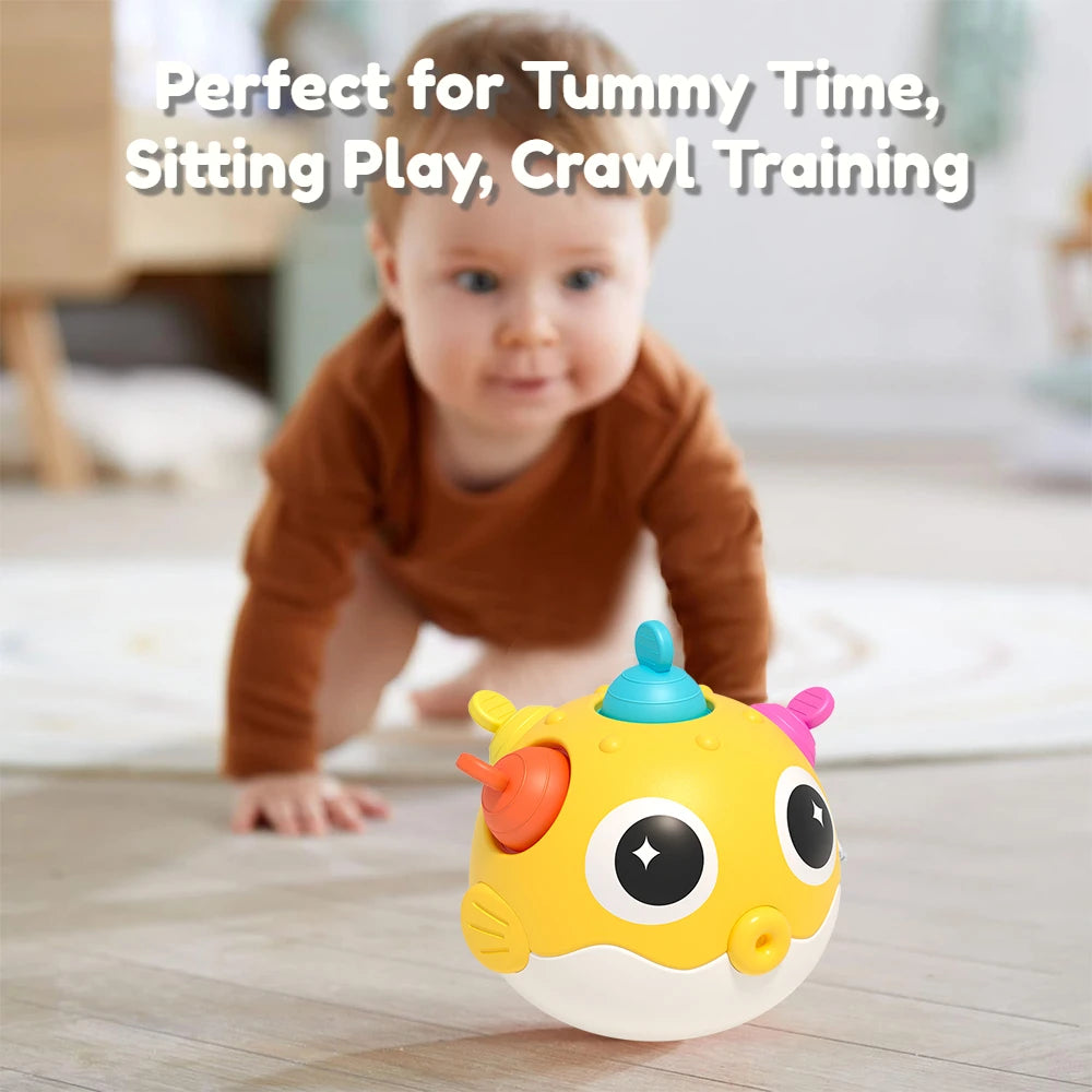Pufferfish Baby Roly-Poly Rattle Toy with Teether Button, Motor Skills, Hand-Eye Coordination, Early Learning Toy, Newborn Gift