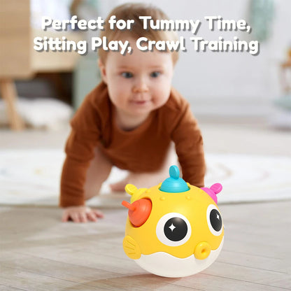 Pufferfish Baby Roly-Poly Rattle Toy with Teether Button, Motor Skills, Hand-Eye Coordination, Early Learning Toy, Newborn Gift