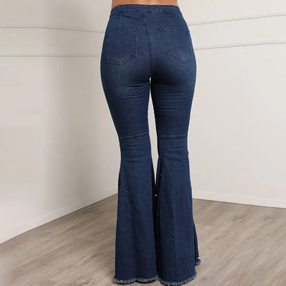 Denim Flare Pants Women Washed Jeans High Waist Slim Fit Pockets Embroidered Flares Vintage Trousers Full Length Casual Denims