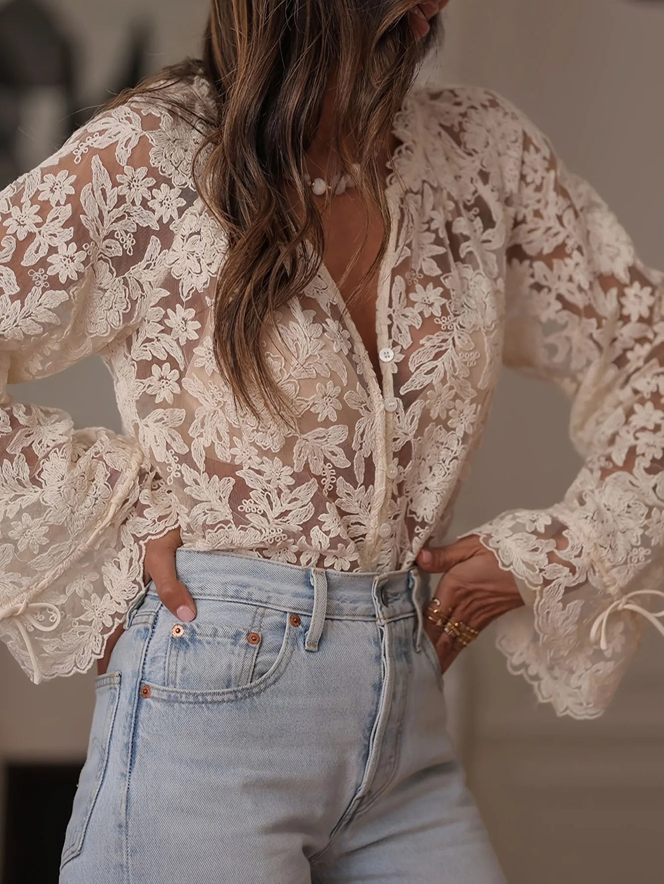 Sexy Hollow Lace Shirt Women Loose V-neck Single Breasted Lace Up Lantern Sleeve Shirt Spring Summer Fashion New Beige Shirt