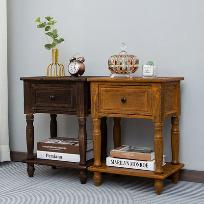 Solid Wood Nightstand Vintage French Distressed Bedside Table with Drawer for Bedroom Storage Cabinet Side Table