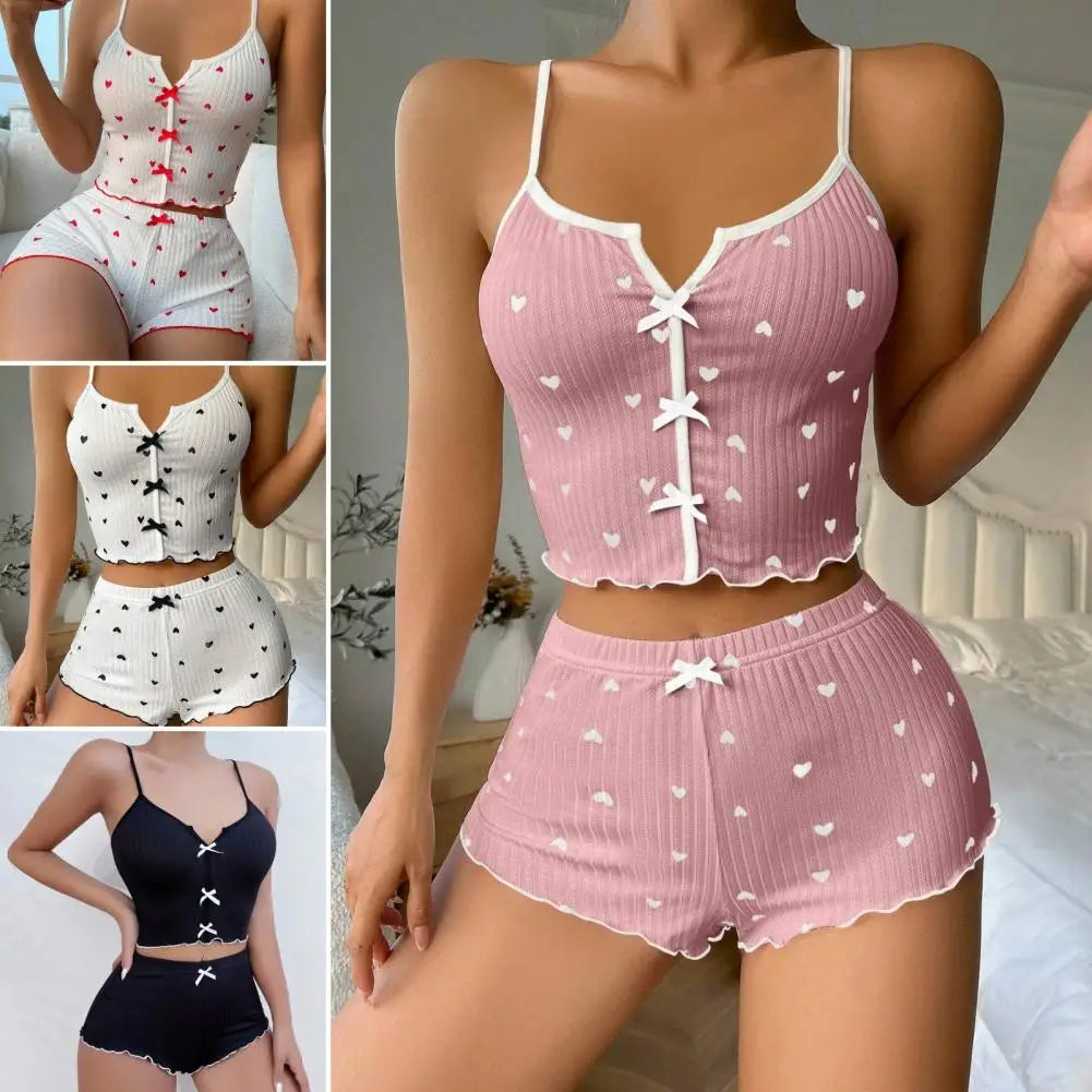 Women's Pajamas Set Bowknot Decor Sleepwear 2 PCS Short Tank Tops And Shorts Ventilate Loungewear Two-piece Female Nightwear
