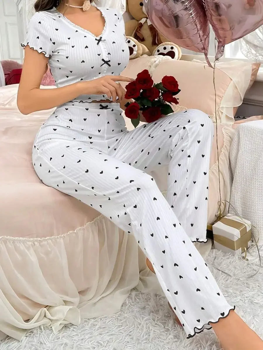 Heart Print Ribbed Frill Trim Pajama Set for Women Sleepwear Knitted V-Neck Loose Tops Elastic Long Pants Autumn Winter Wear