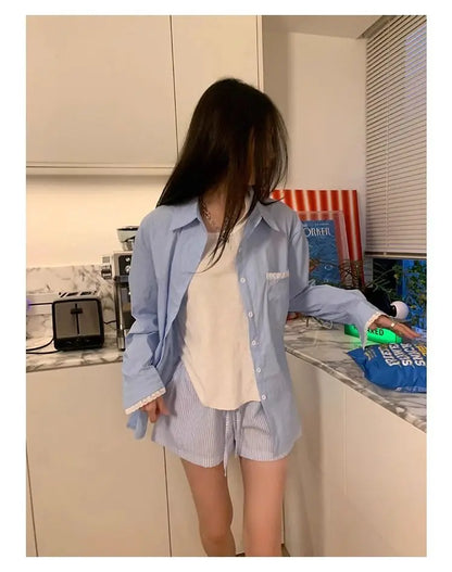 HOUZHOU Blue Striped Letter Embroidery Shorts Women Wide Leg Korean Fashion Short Pants Drawstring Baggy Casual Jorts Summer