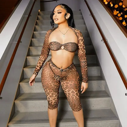 FAGADOER Sexy Mesh See Through Leopard Print Two Piece Sets Women Crop Top + Long Sleeve Coat + Shorts Outfits Female Clubwear