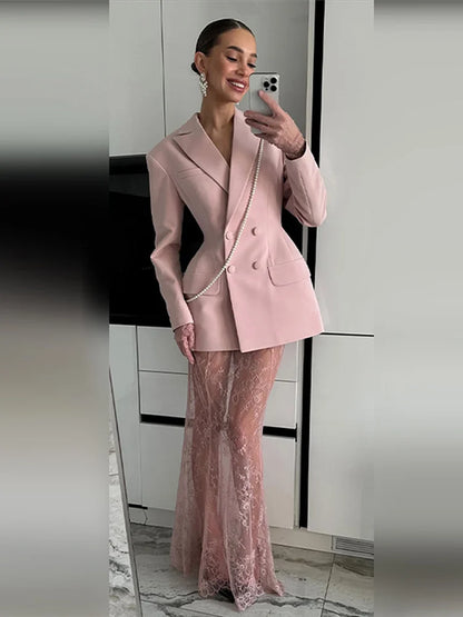 Retro Solid Suit Jacket Lace Skirt Set Women Sexy Waist-cinching Jackets Perspective Long Skirts Sets Lady 2025 Chic Streetwear