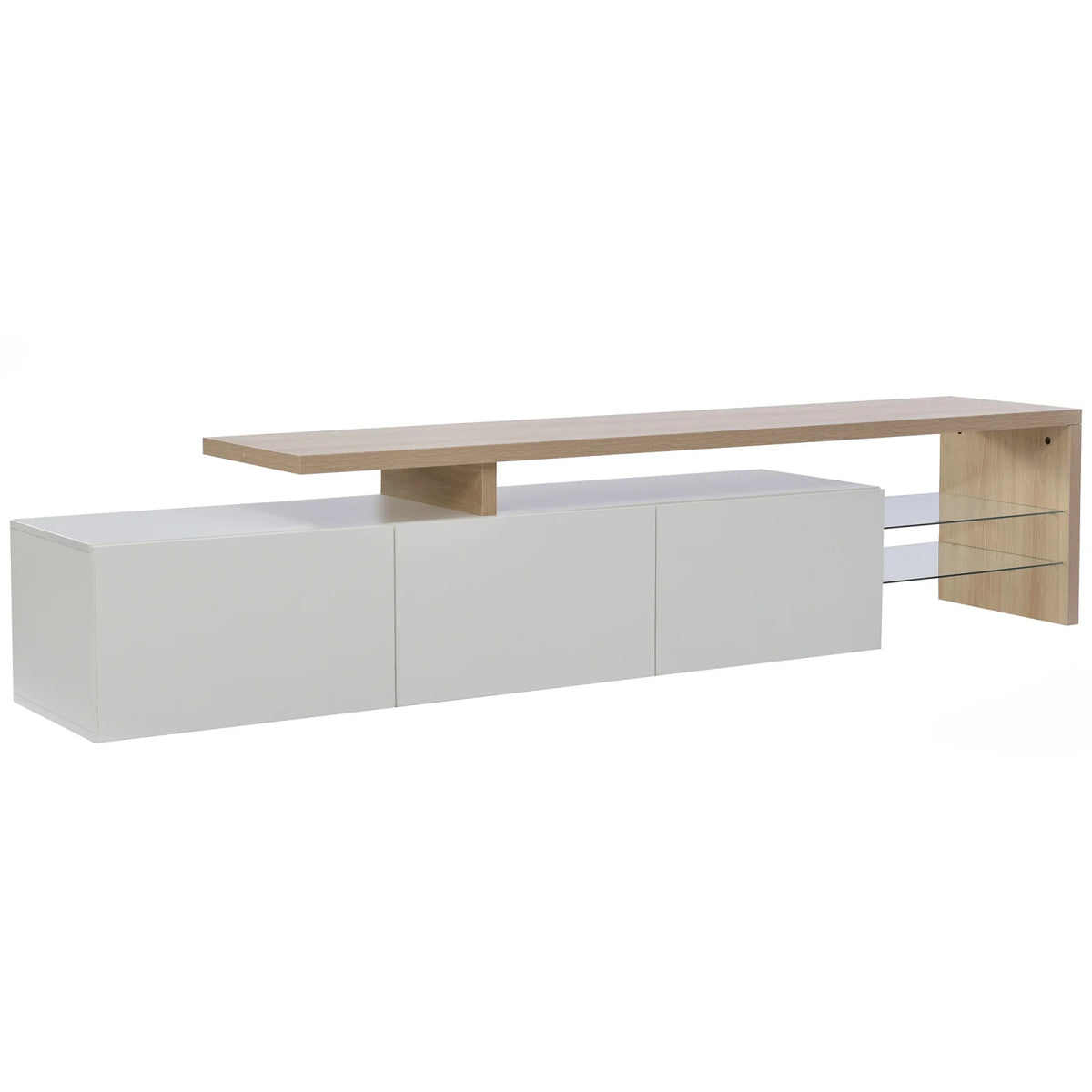 Rosahqnda TV Cabinet for Living Room,TV Lowboard with LED,Sideboard,2 Glass Partition,3 Drawers,White/Black High Gloss