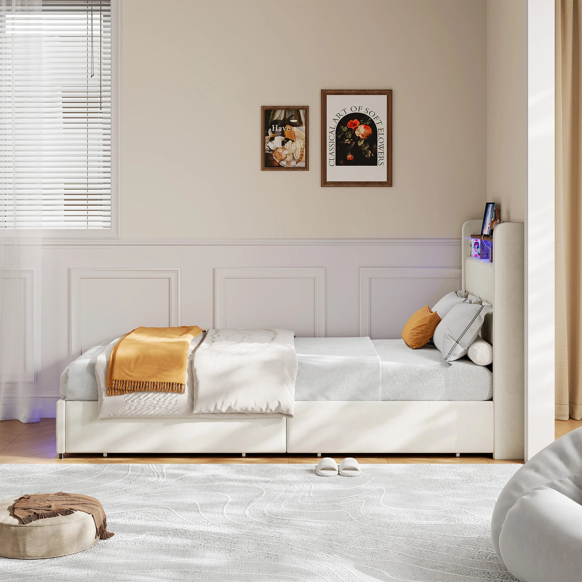 Rosahqnda Upholstered Double Bed 160 x 200 cm, Bed 180 x 200 cm with Storage Box, Storage Bed with 4 Drawers and LED Lighting