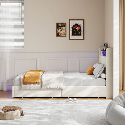 Rosahqnda Upholstered Double Bed 160 x 200 cm, Bed 180 x 200 cm with Storage Box, Storage Bed with 4 Drawers and LED Lighting