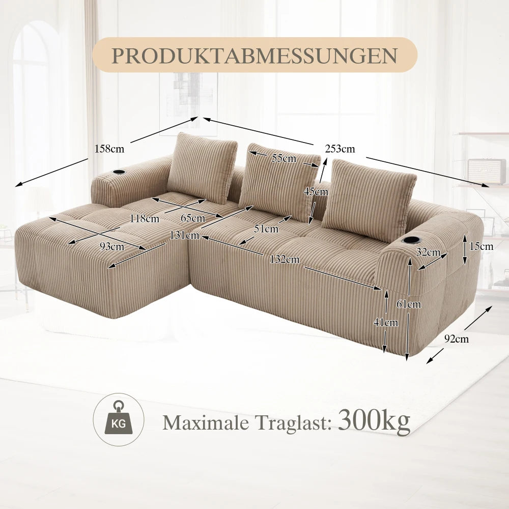 Compact Sofa Soft, Modular Sofa with Side Pocket and Beverage Holder, High Quality Comfort for Long Sitting, Incl. Pillows