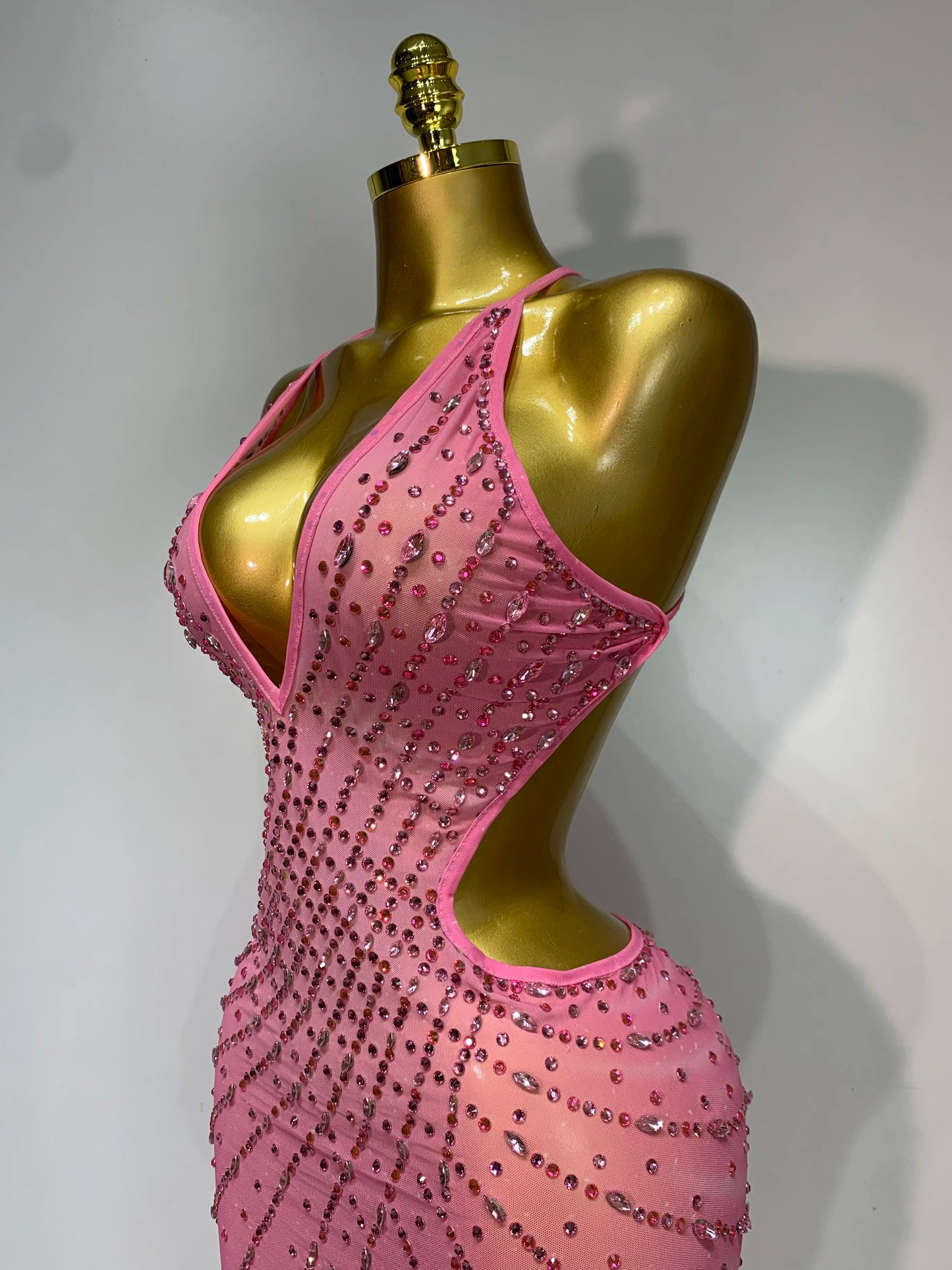 Sparkly Rhinestone Halter Mesh Transparent Dress Birthday Celebrate Evening Party Dress Women Sexy Split Backless Stage Outfit
