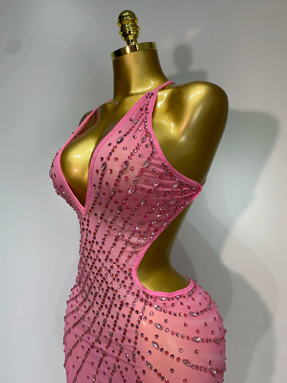 Sparkly Rhinestone Halter Mesh Transparent Dress Birthday Celebrate Evening Party Dress Women Sexy Split Backless Stage Outfit