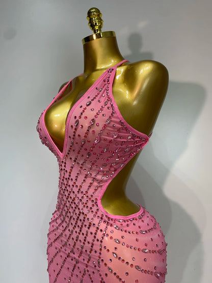 Sparkly Rhinestone Halter Mesh Transparent Dress Birthday Celebrate Evening Party Dress Women Sexy Split Backless Stage Outfit
