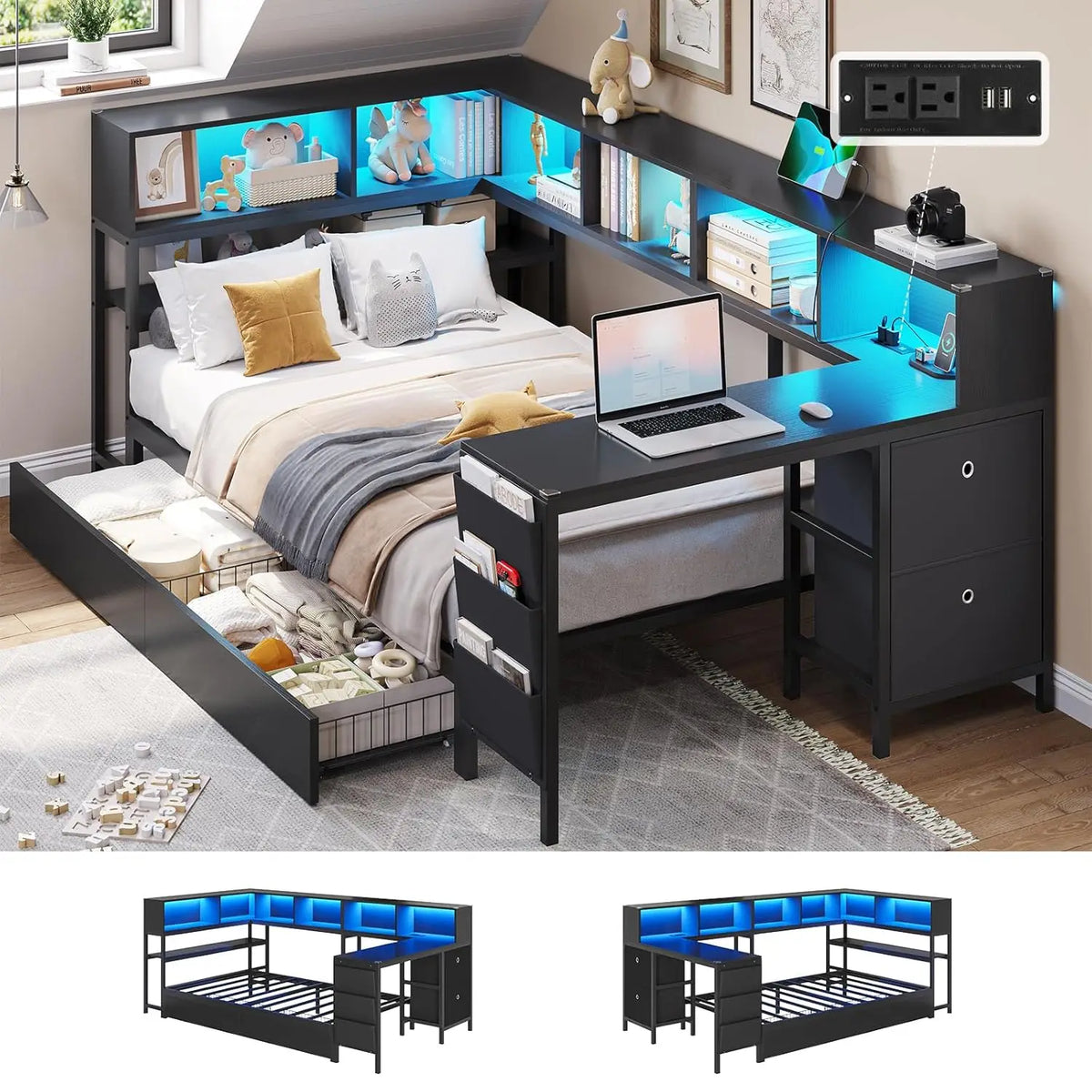 Corner Twin Bed Frame With Desk,Charging Station And Bookcase Storage Metal Platform Bed Frame With Storage Drawers And Led Ligh