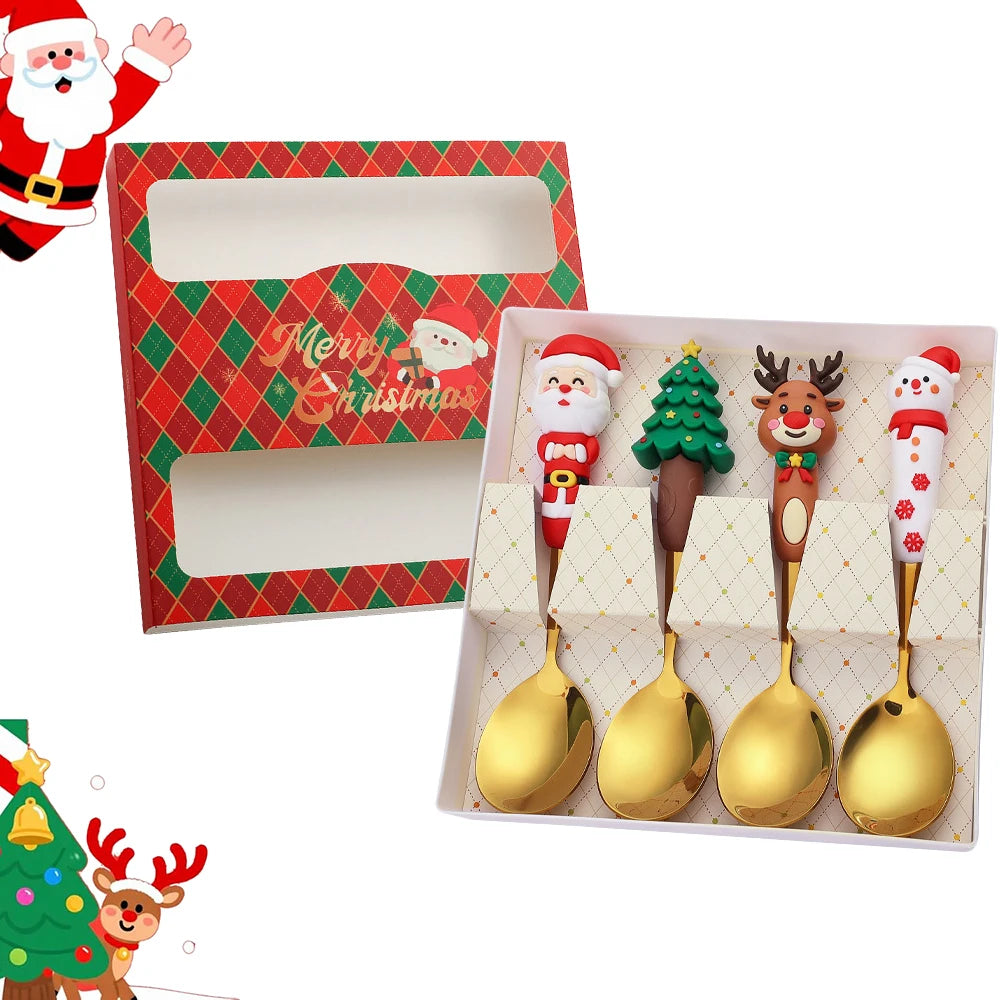 4Pcs Silver Christmas Fork And Spoon Set Stainless Steel Creative Tableware Coffee Tea Dessert Forks And Spoons Gift Set