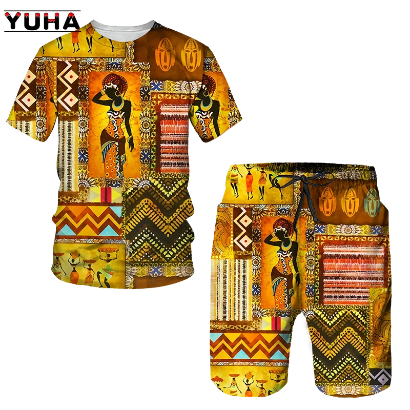 YUHA,Newest African Print Women's/Men's T-shirts Sets Africa Dashiki Men’s Tracksuit/Vintage Tops Sport And Leisure Summer Male