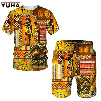 YUHA,Newest African Print Women's/Men's T-shirts Sets Africa Dashiki Men’s Tracksuit/Vintage Tops Sport And Leisure Summer Male