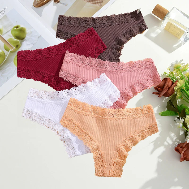 FINETOO 5PCS Sexy Lace Cotton Panties Women Brazilian Panties Ladies Sexy Low Waist Elastic T-Back Bikini Solid Soft Lingerie