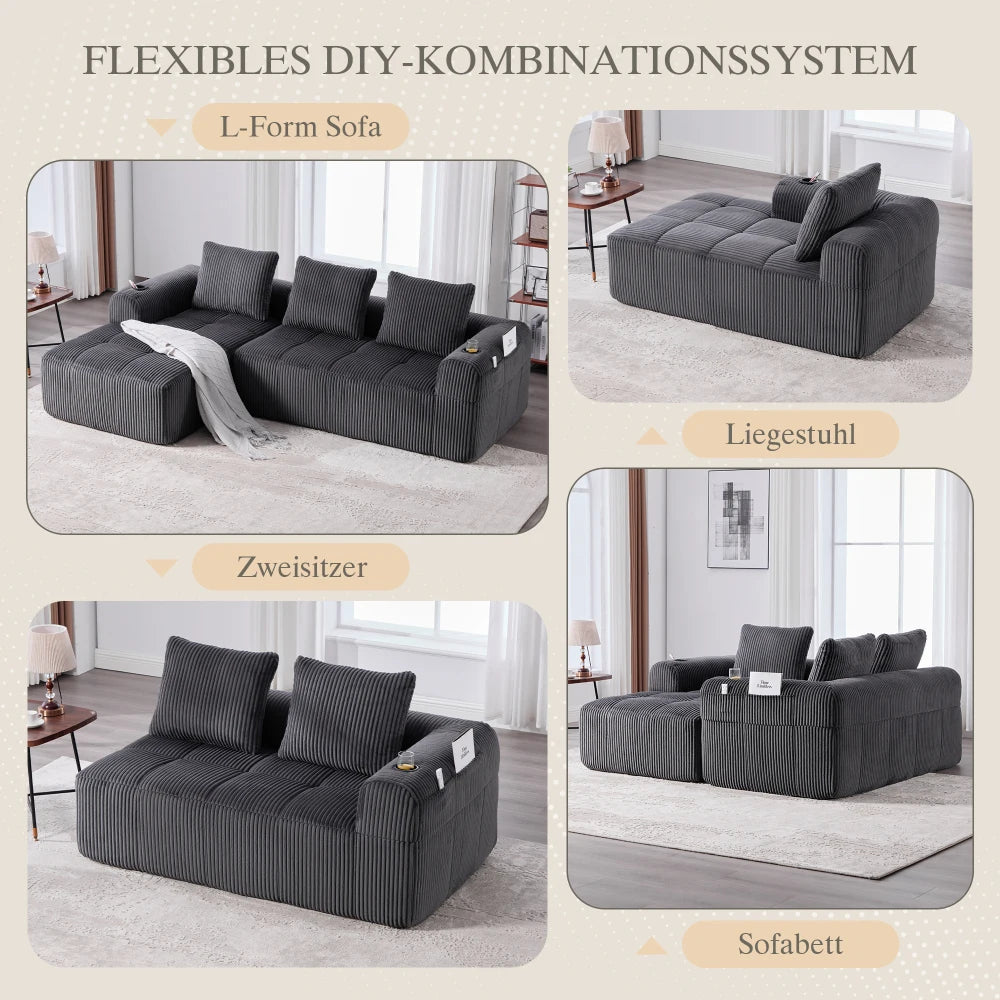 Compact Sofa Soft, Modular Sofa with Side Pocket and Beverage Holder, High Quality Comfort for Long Sitting, Incl. Pillows