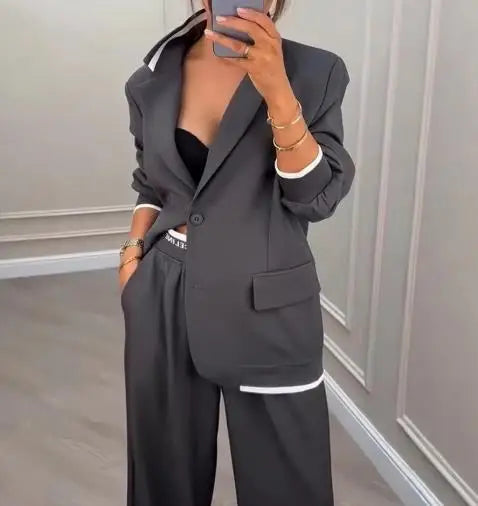 Two Piece Set Women Outfit 2025 Spring Autumn New Grey Commuting Notched Collar Long Sleeve Blazer &amp; High Waist Pants Set