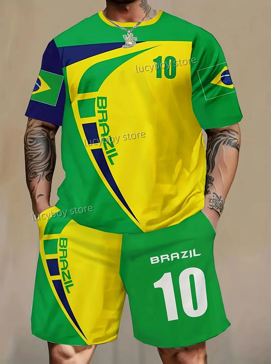 Mens brazil flag Print Sport T-shirt+shorts Suit Set American Tracksuit Outfit Summer plus size tracksuit 2 Piece Set Clothes