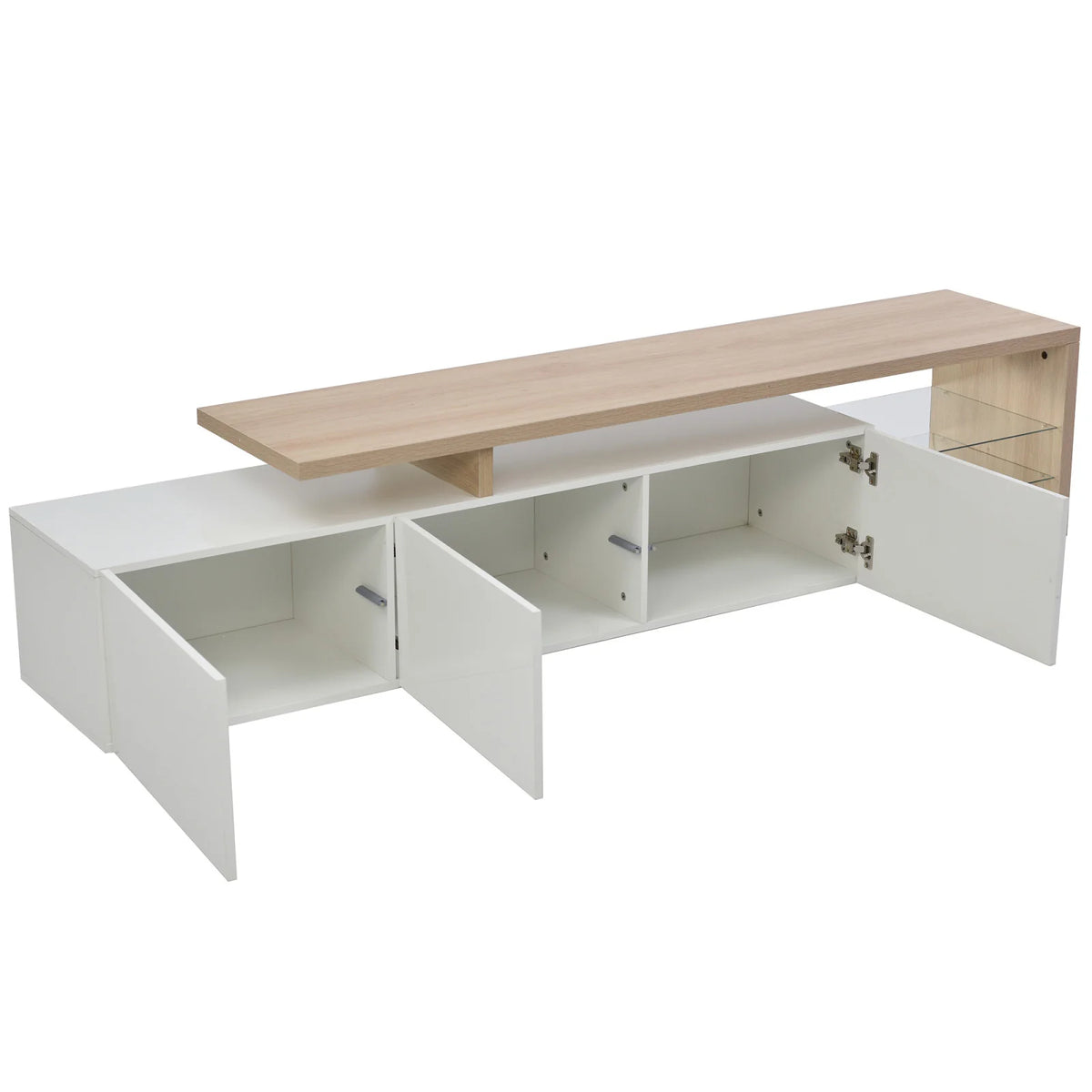 Rosahqnda TV Cabinet for Living Room,TV Lowboard with LED,Sideboard,2 Glass Partition,3 Drawers,White/Black High Gloss
