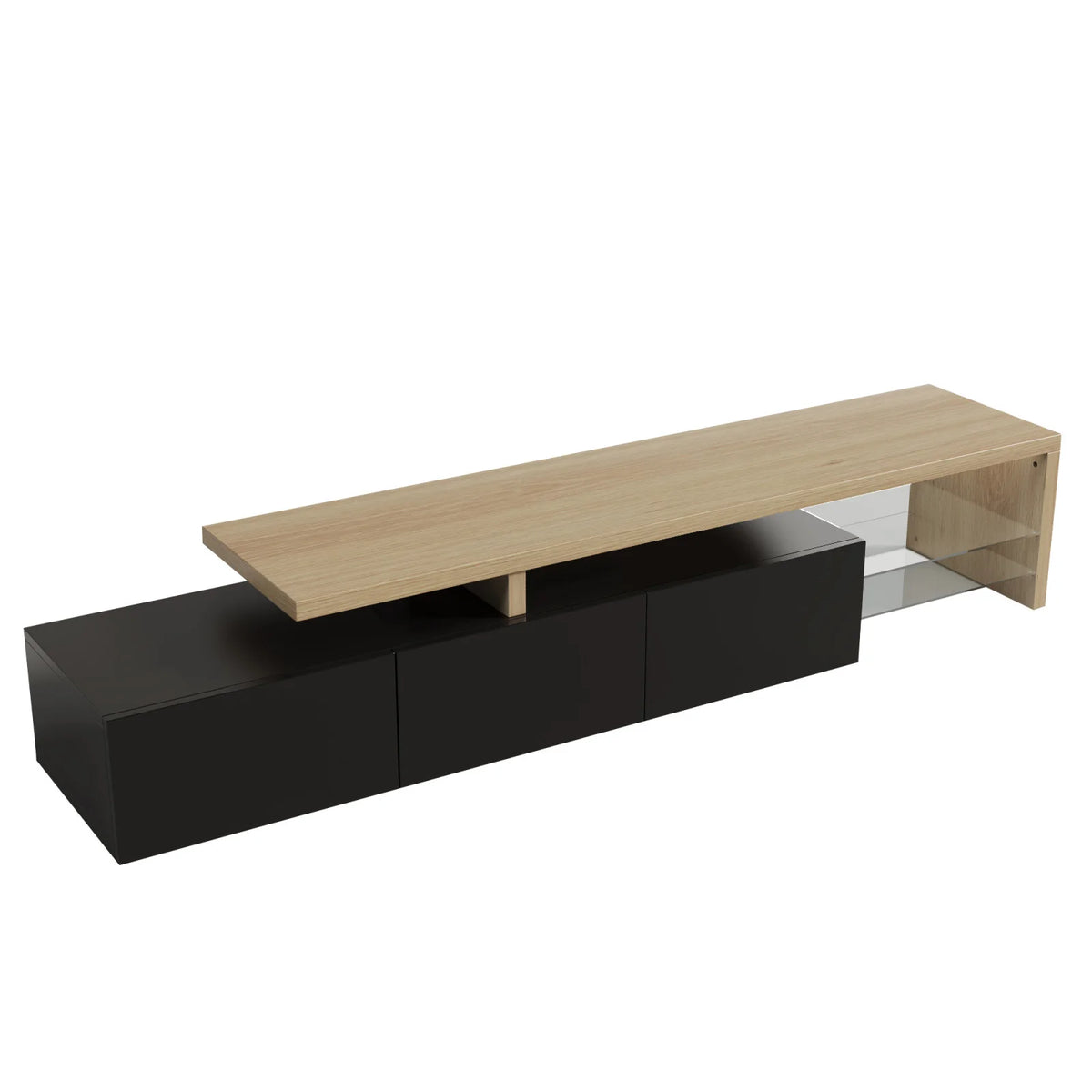 Rosahqnda TV Cabinet for Living Room,TV Lowboard with LED,Sideboard,2 Glass Partition,3 Drawers,White/Black High Gloss