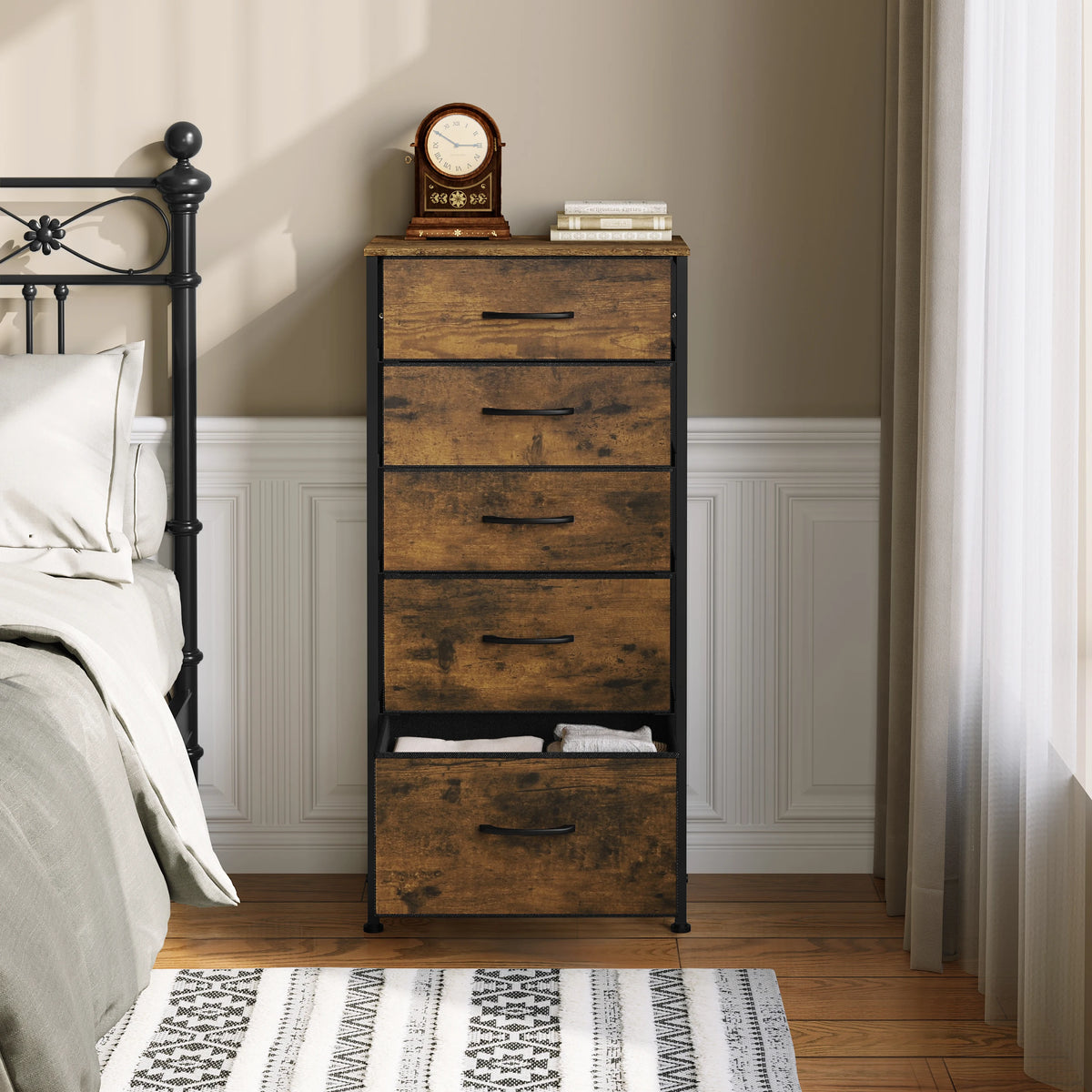 WOLTU Rustic Brown Dresser Storage Unit Chiffonier with 5 Fabric Drawers Wardrobe Living Room Cabinet