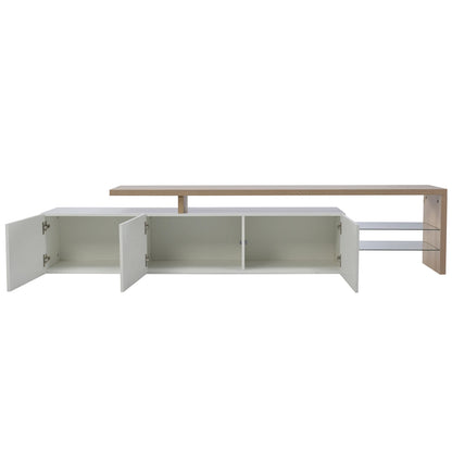 Rosahqnda TV Cabinet for Living Room,TV Lowboard with LED,Sideboard,2 Glass Partition,3 Drawers,White/Black High Gloss