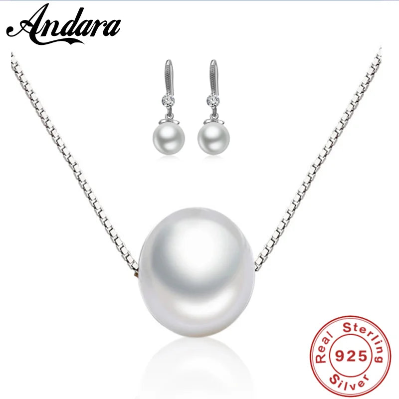 Exquisite Fashion 925 Sterling Silver Necklace Earrings Jewelry Set 10MM Pearl Accessories For Women Engagement Jewelry Gift