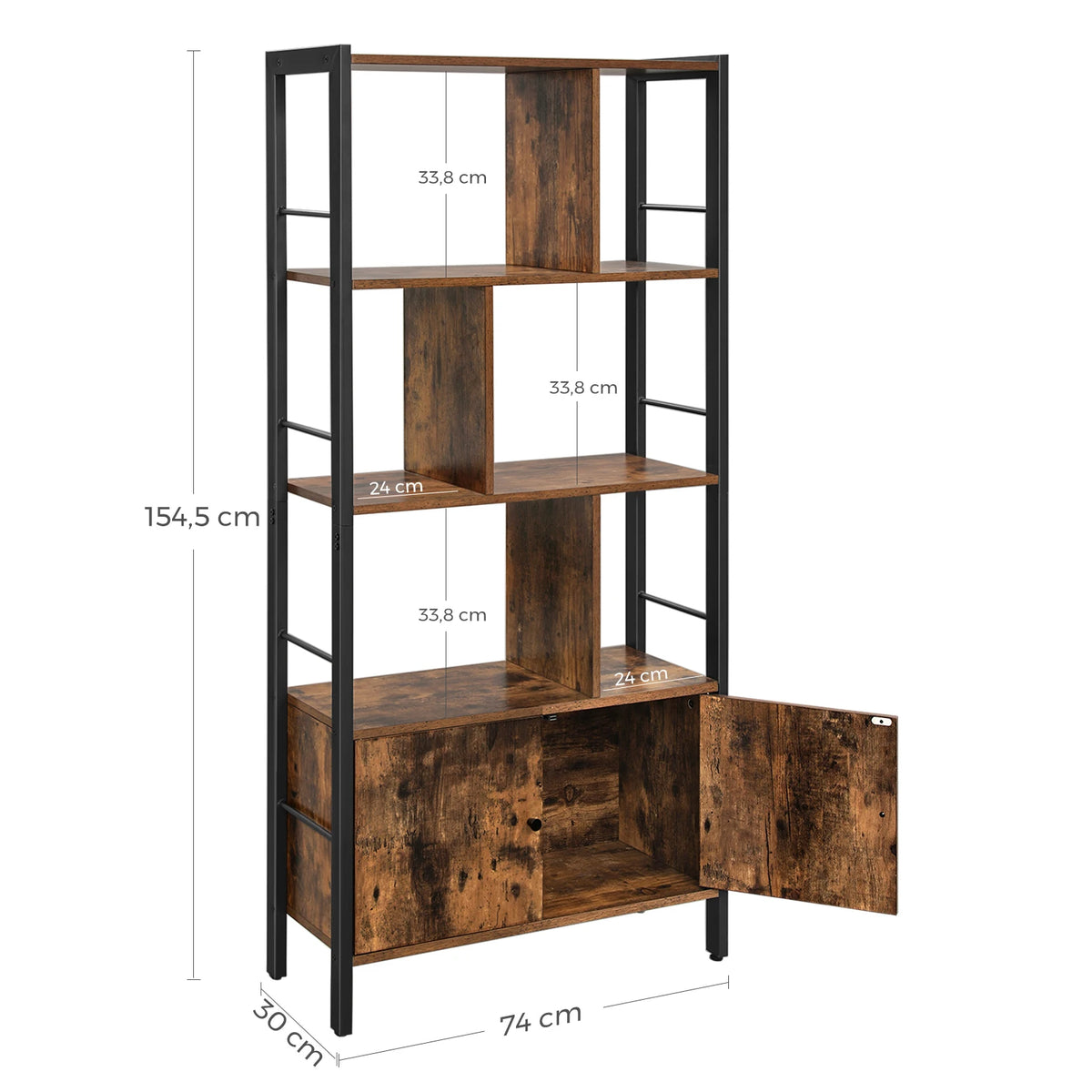 VASAGLE Bookshelf, Storage Shelf, Large Bookcase with Doors, 4 Shelves, Stable Steel Structure, Industrial Style