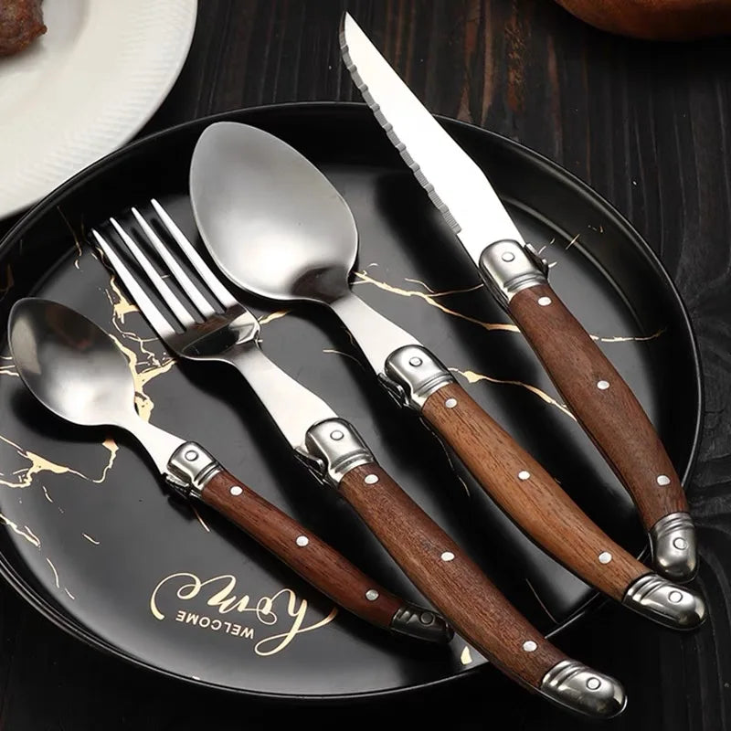 24pcs Laguiole Cutlery set Luxury Rose Wood Handle Dinnerware Stainless steel Tableware 6 Steak Knife 6 Fork 6 Spoon 6 Teaspoon