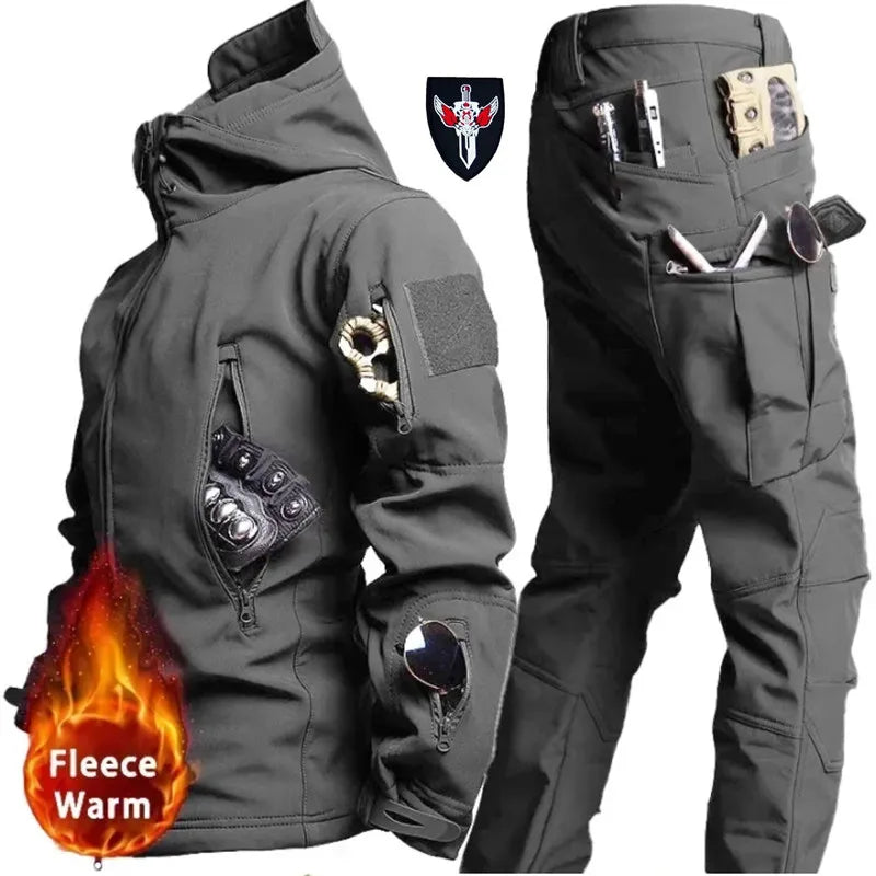5XL 6XL Winter Waterproof Tactical Jackets Sets Men Outdoor Soft Shell Hiking Hunting Jacket Suit Fleece Cargo Pant Tracksuits