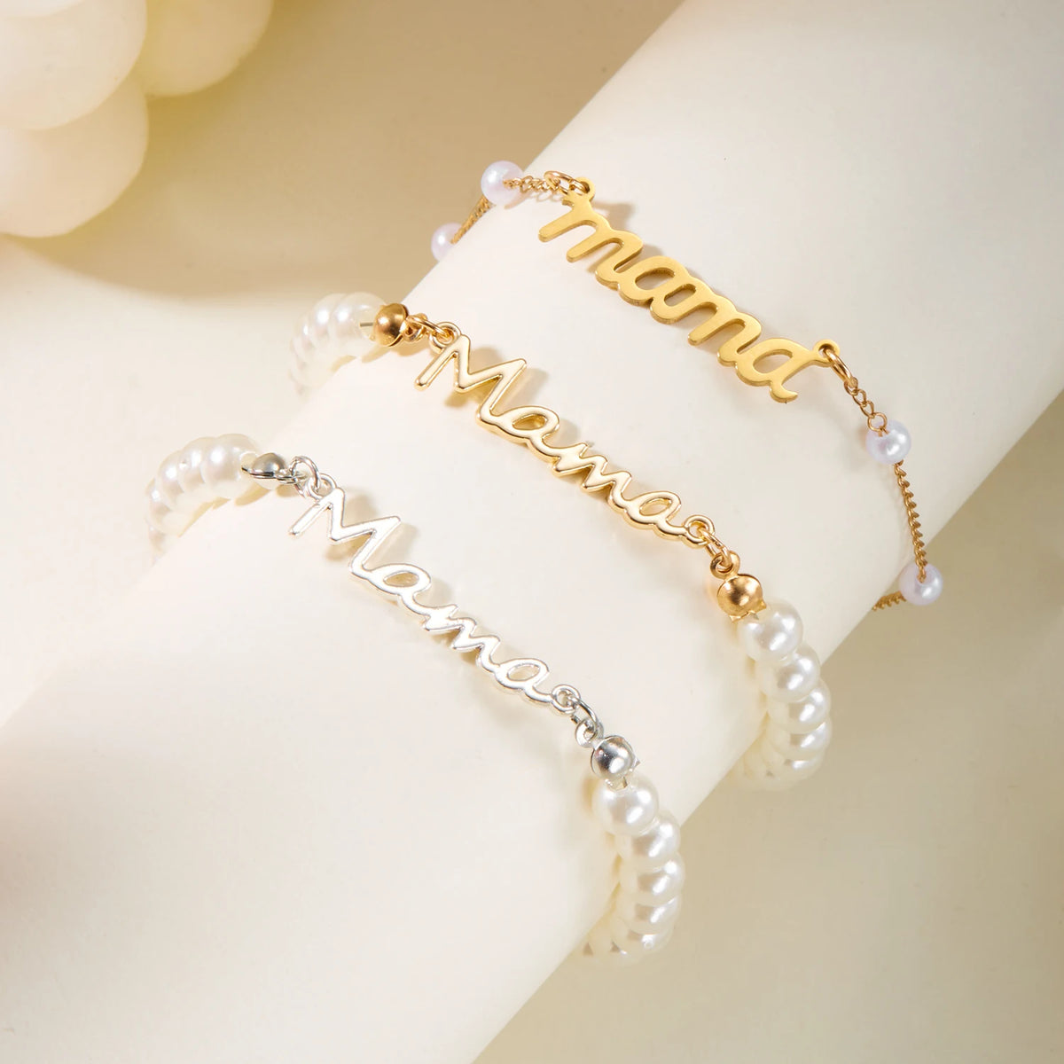 Imitation Pearl Letter Mama Pendant Bracelets Fashion Charms Stainless Steel Chains Bracelet for Women Jewelry Mother&