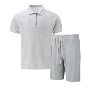 2025 Men Europe and the United States new summer Waffle solid color zip-up lapel short-sleeve suit shorts two sets